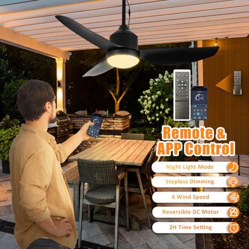 Depuley Outdoor Ceiling Fan with Light: 42 Inch Black Waterproof Gazebo Fans with Lights Outdoor Hanging - Plug in Remote App Control for Patios Indoor Farmhouse Porch - 6 Speed Reversible DC Motor - color: Black 01, size: 42 Inch
