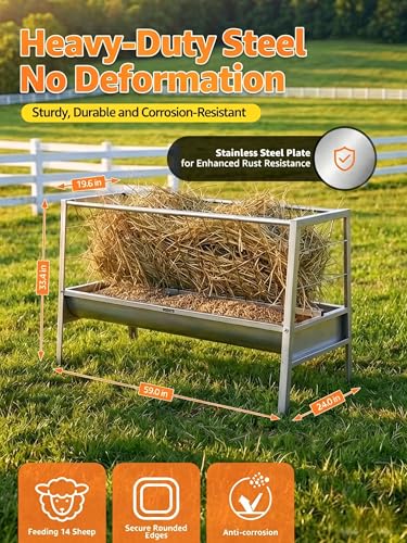 59" L Goat Hay Feeder 90 Gallon Large Capacity, Stainless Steel 2-in-1 Hay & Grain Feeder for Goats, Sheep, Horses | Freestanding Outdoor Farm Livestock Feeder, Easy Assembly