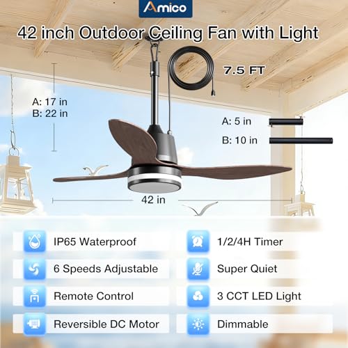 Amico 42" Outdoor Ceiling Fans with Lights, IP65 Waterproof Gazebo Fan | Waterproof, Remote Control, 3000-6000K, 6 Speeds, Hook Hanging Plug in, for Patio Porch Pergola Garage - size: 42 inch Wood