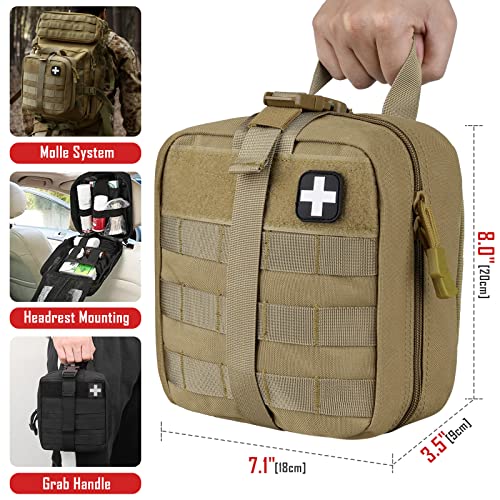LIVANS 1000D First Aid Bag Empty, Medical Ifak Pouch for Emergency & EMT | Molle Compatible, Rip-Away & Quick-Release Design, Versatile for Tactical, Camping, Hiking and Travel - color: Khaki(7.1"l X 3.5"w X 8"h)