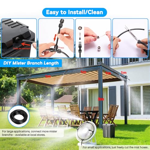 Portable Misting System, Outdoor Water Misters for Outside Patio Umbrella Cooling with Rechargeable Water Pump (Consecutive 8Hrs), 9L Bucket, 26FT Hose, for Tailgating, Camping, Canopy, Sport