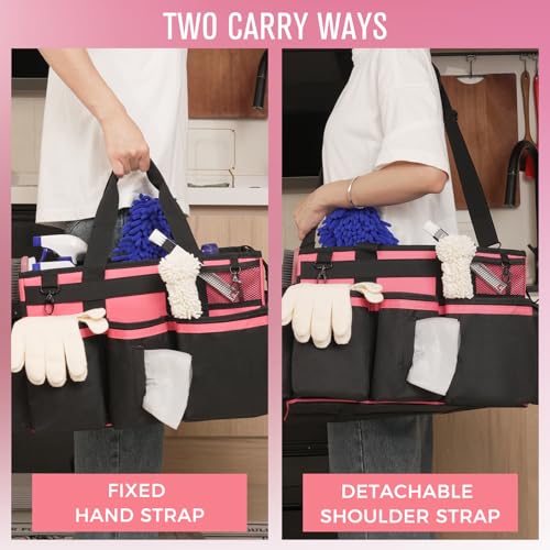 SCAVATA Wearable Cleaning Caddy, Cleaning Caddy Supplies Organizer with Handle & Shoulder Straps for Housekeepers, Under Sink & Car Cleaning Tool Organizers Bag with 4 Foldable Divider (OleanderRed) - color: OleanderRed