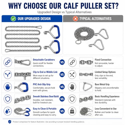 60-Inch Calf Pulling Chain Set, 304 Stainless Steel, 2 Handles, Carabiners | 304 stainless steel; detachable carabiners clip to chain ends or any link for flexible setups; for cows, cattle and goats