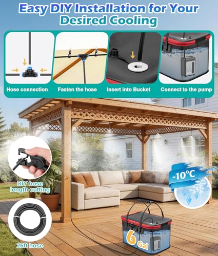 Portable Misting Systems for Patio, Outdoor Water Cooling Misting Kit with 6000mAh Water Pump IPX8, DIY Misters for Outside Garden, Greenhouse, Fan, Umbrella, Canopy, Pasture, Camping(22L Bucket)