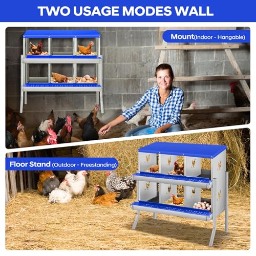 Garvee Chicken Nesting Box, 6 Compartments Nesting Box for Chickens, Galvanized Steel Chicken Laying Box for Easy Egg Collection, Wall Mounting - color: Blue | 6 Compartments+legs