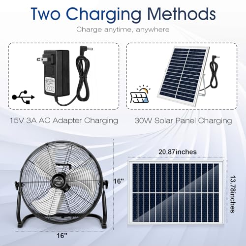 18'' Solar Powered Fan with 30W Solar Panel, Portable Solar Operated Outdoor Floor Fan for Camping, Home, Patio, Worksite - Stepless Speed, Metal Construction and Aluminum Blades