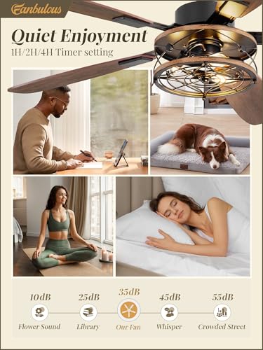 52 Inch Farmhouse Ceiling Fan with Light and Remote, Black Industrial Caged Flush Mount Ceiling Fans with 6 Speed Reversible Motor and Dual Finish 5 Blades, Rustic Ceiling Fan for Living room, Bedroom | Industrial Caged Flush Mount Ceiling Fans with 6 Spe