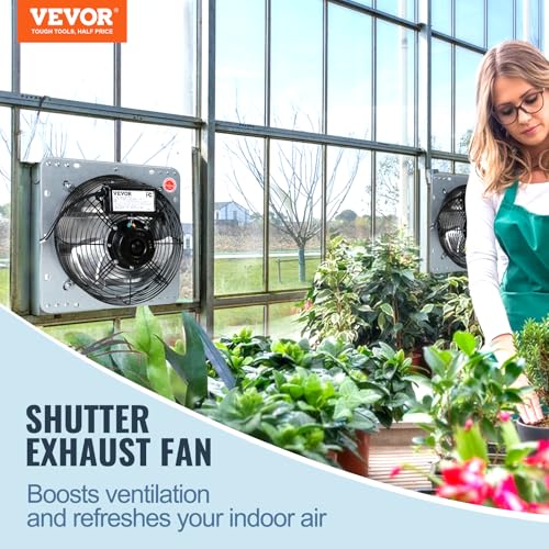 VEVOR 16 Inch Shutter Exhaust Fan Wall Mounted Automatic Louvers Silver, Sturdy Steel Housing, 2438 CFM Low Noise, AC Motor, Ventilation and Cooling for Attic, Garage, Barn, Greenhouse, Workshop - size: 16 Inch