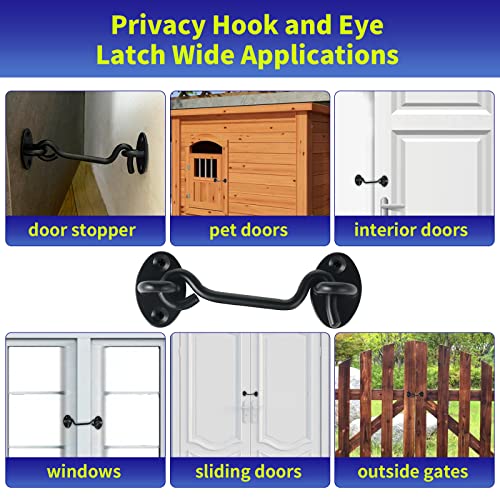 4" Hook and Eye Latch 6-Pack, Heavy Duty Solid Stainless Steel Cabin Privacy Hooks Latch with Mounting Screws for Barn Doors, Bathrooms, Sliding Doors, Sheds, Blinds, Bedrooms. (Black)