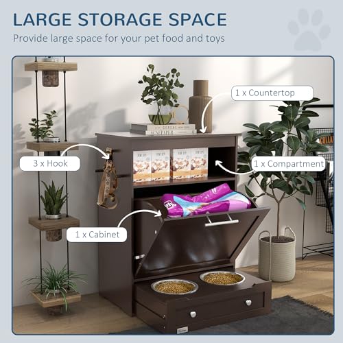 PawHut Dog Feeding Station with Raised Bowls, Pet Feeder Station, Brown | Dog Food Storage Cabinet, Hanger for Feeding & Watering Supplies - color: Coffee