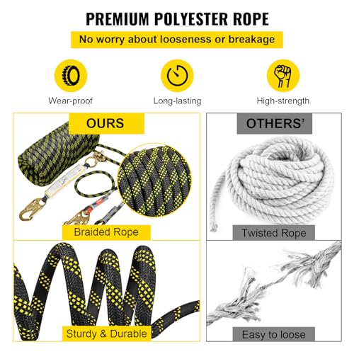 VEVOR Vertical Lifeline Assembly, 0.55'' x 100' Fall Protection Rope with 30 KN Breaking Tension, Polyester Roofing Rope with Steel Snap Hooks, Rope Grab, and Shock Absorber, ANSI Compliant - size: 100FT
