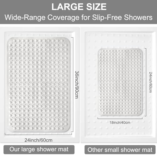 Shower Mat Non Slip, 36" x 24" Large Shower Floor Mat with Drain Holes and Suction Cups, Soft TPE Anti Slip Shower Stall Mats for Inside Shower, Machine Washable, White - color: White