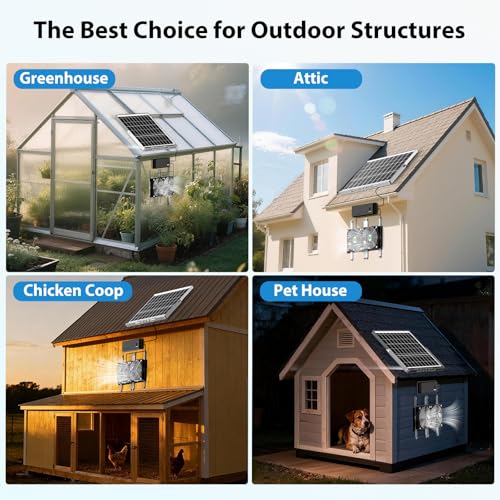 Solar Fan with Battery, 25W Solar Powered Rechargeable Fan Outdoor Waterproof, 12800 mAh Battery Exhuast or Intake Fans, for Chicken Coop Greenhouse Dog Shed Ventilation Cooling
