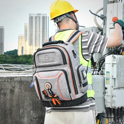 LOKASS 18.1-inch Heavy-Duty Tool Backpack, 75 Pockets, Gray | 110 lbs Load Tested, 1680D Tear-Resistant Fabric, Removable Tool Panel, Combination Lock, Electricians, HVAC Pros - color: Grey