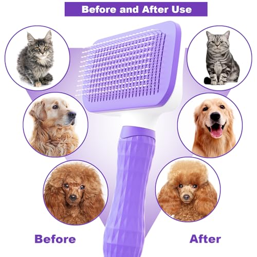 Pet Grooming Brush for Cats & Dogs, Self-Cleaning Undercoat Deshedding & Massage Tool, Purple - color: Purple
