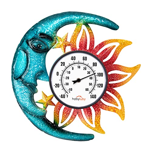 Large Number Indoor Outdoor Thermometer, Celestial Sun and Moon Decor Wall Thermometer for Patio, Outside, Inside, Home, Garden, Room, Window, Greenhouse (15") - color: B-Sun and Moon