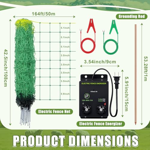 3 Pack 164'l x 42.5" H Electric Fence Netting Movable Livestock Nets PE Net Fencing Kit with Fence Charge 14 Posts Double Spiked Grounding Rod for Sheep Hog Backyards Homesteader Farm Ranche