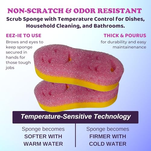 Smilyeez Double-Size Scrub Moji Duo Sponge 2-Pack – Dual Smiling Faces, Temperature-Responsive Scrubber – Scratch-Free, Odor & Stain Resistant - color: Pink Double Duo
