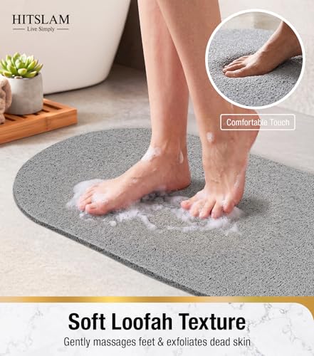 HITSLAM Oval Loofah Shower Mat Non Slip, 27x16 Inch, Grey | Bath Mat for Textured Tub & Inside Shower Stall, No Suction Cups Quick Drying PVC Porous Floor Mat, Soft Foot Exfoliating - color: Grey