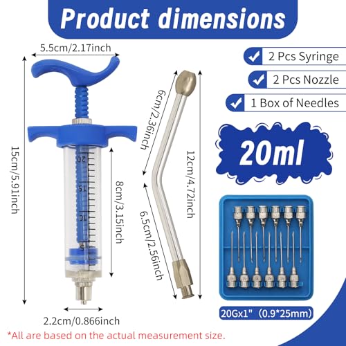2 Pcs Goat Syringe Reusable Adjustable Goat Drench Syringe with 2 Drench Nozzle and Needles, Feeding Supplies for Cattle, Sheep, Goats, Horse, Pig, Dog (Blue, 20ML) - color: Blue, size: 20ML