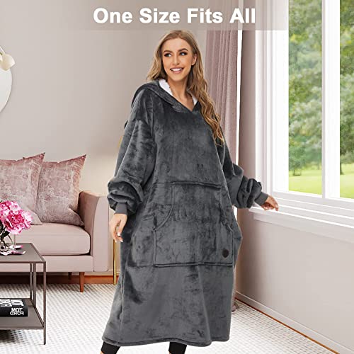 THREE POODLE Wearable Blanket Hoodie, Oversized Sherpa Sweatshirt Blanket for Adults Women Men, Warm Cozy Hooded Blanket, Gifts for Mom Girlfriend - color: Dark Gray, size: Adult-Extra Long
