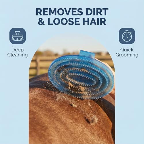 Horse Brush Blue Oval Rubber Grooming Tool With Flexible Nubs For Coat Shed Dirt Removal Comfortable Hand Grip Easy Rinse Use At Stable Barn Or Trailer - color: Blue