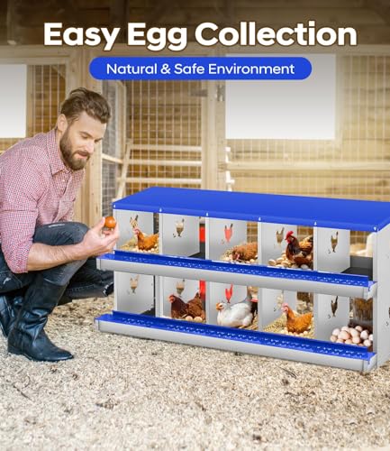 10 Compartment Chicken Nesting Box, Heavy Duty Metal Laying Box with Perch, Easy Assembly & Easy Clean for Outdoor Chicken Coop, Blue - color: Blue, size: 10 Compartment
