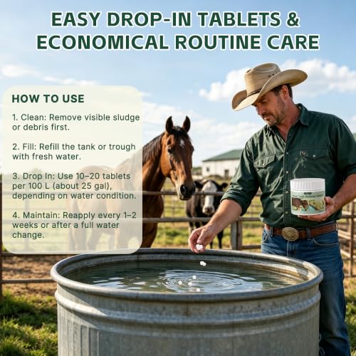 Stock Tank Defense Tablets for Livestock Water Troughs, Helps Reduce Feed Residue, Surface Film and Visible Buildup for Horses, Cattle, Goats, Sheep and Chickens, Easy & Animal-Safe Care, 300 Count