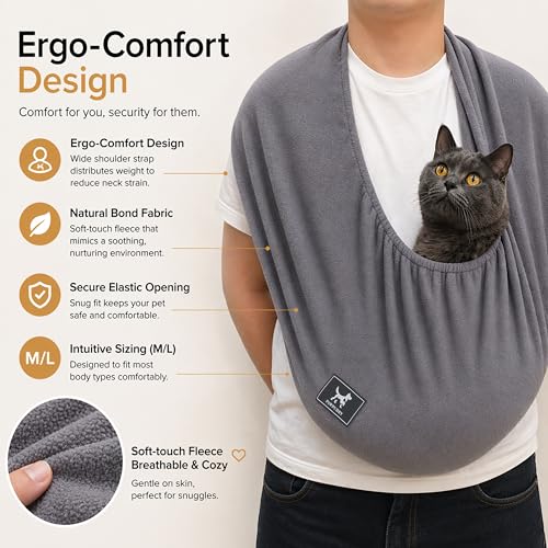 Cat Sling Carrier, Ultra-Soft Polar Fleece, Fits 3-13 lbs, Size M | Elastic One-Piece Metal-Free Pet Cuddle Bag for Indoor Home Use, Warm Cozy Wearable Carrier for Cats and Kittens, Dark Gray - color: Dark Gray, size: Medium (Regular)