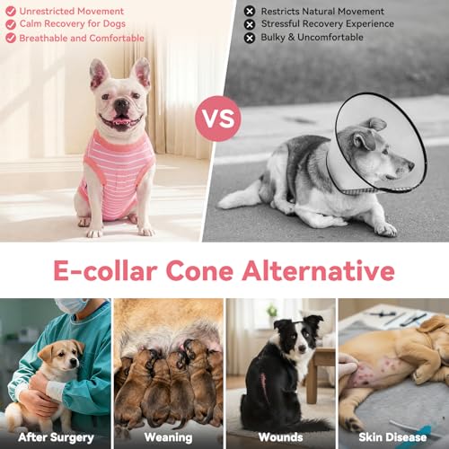 cyeollo Dog Surgery Recovery Suit, Surgical Onesie for Female & Male Dogs | Prevents Licking, Cone Alternative, After Spay & Neuter Body Suit, Protects Surgical Wounds, Easy Potty Access, 4-Way Stretch - color: Pink Stripes, size: X-Small (Back: 9"-11")