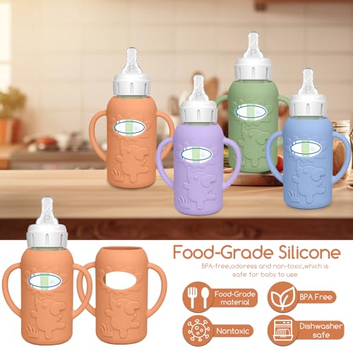 4 Pack Silicone Sleeves for Dr. Brown's Glass Baby Bottles, Anti Breakage Baby Bottle Sleeves Holder, Compatible with Dr. Brown's Anti-Colic Options+ Narrow Glass Baby Bottles, 4 oz/120 mL - color: Orange 4 Pack 4OZ