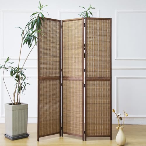 3 Panel Detachable Room Divider, 5.6 ft Tall Two in One Bamboo Privacy Screen (Converts into 2 Low Dividers), Folding Panel Divider for Room Separation, Natural Brown (67" H x 46" W) - color: Brown, size: 3 Panel