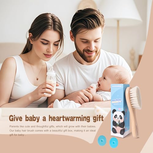 SAMEBUTECO Baby Hair Brush Set,3 in1 Kit,1 Pack Goat Hair Bristles Brush 2 Pieces Silicone Cradle Cap Brushes Wood Handle Newborn Brush for Newborns and Toddlers