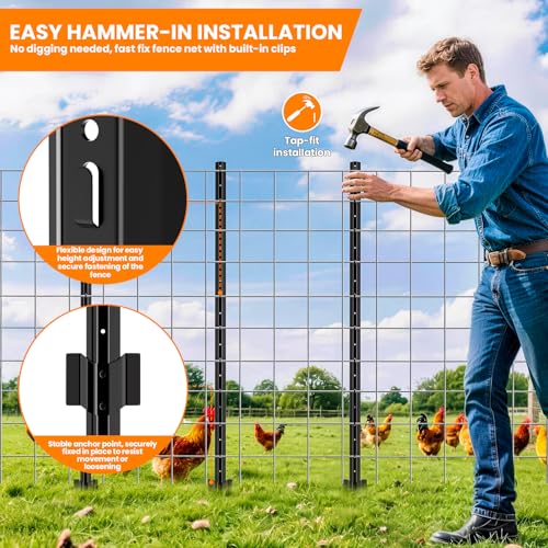 16 Pack Metal Fence Posts,6 FT Garden Fence Post,T Post for Wire Fence, No Dig Steel U Post Fencing，Black Garden Stakes for Temporary Fencing, Electric Fence Wire, Corner Anchor - size: 6ft-16PCS