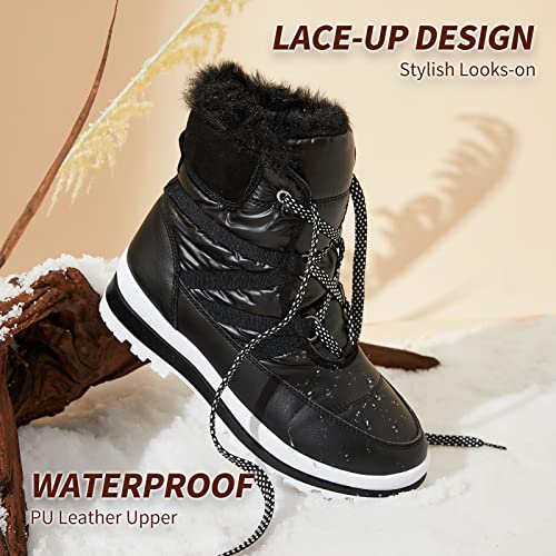 BABUDOG Womens Warm Fur Lined Mid-Calf Boots Waterproof Winter Snow Boots Non-slip Lace up Combat Boots - color: Black, size: 9