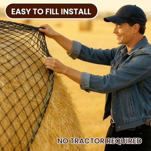 6x6 FT Round Bale Hay Net, 2-Inch Slow Feed for Horses and Goats | Knotless heavy-duty hay feeder, fits 4x5 and 5x5 round bales, 2-inch holes help slow feeding and reduce hay waste - size: 6x6 ft