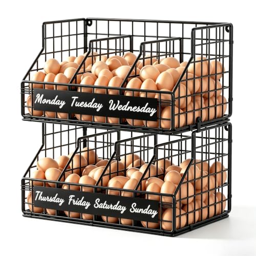 Egg Holder Countertop, 2 Tier Chicken Egg Basket for Gathering Fresh Eggs | Egg Storage Organizer with Adjustable 5 Dividers & Label, Stackable Wall Mounted Egg Collecting Basket Rack, Black - color: 2T Small Black