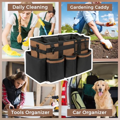 SCAVATA Wearable Cleaning Caddy, Cleaning Caddy Supplies Organizer with Handle & Shoulder Straps for Housekeepers, Under Sink & Car Cleaning Tool Organizers Bag with 4 Foldable Divider (Brown) - color: Brown