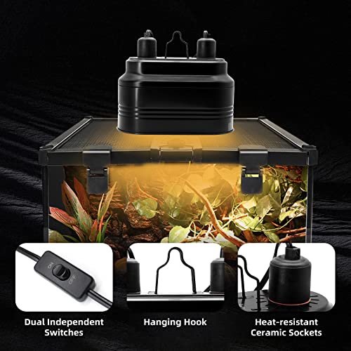 MECESOR Dual Reptile Lamp Fixture with Independent Switches, UVB & Basking Bulb Holder for Glass Terrarium Habitat - Reptile Light Fixture for Bearded Dragons,Turtles,Snakes & Lizards - size: Reptile Light Fixture with Separate Line Switches