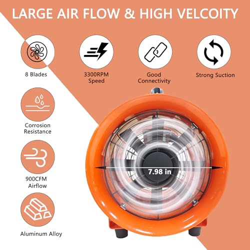 Utility Blower Fan 8 Inch Portable Axial Exhaust Fan 230W/2A 900CFM High Velocity Ventilator with 32FT Duct Hose for Exhausting & Ventilating at Home and Job Site - size: 8 Inch