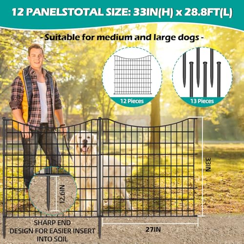 12 Panels No Dig Decorative Garden Fence, 33 in(H) X 27 ft(L) Garden Fencing Animal Barrier, Dogs Rabbits Pets Blocker, Rustproof Metal Decorative Fences for Yard, Outdoor, Patio - size: 12 Panels, 33 in(H) X 27 ft(L)
