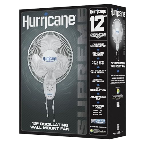 Hurricane Supreme 90-Degree Oscillating Wall Fan, 3 Speeds, White - 12in | Quiet Operation - Wall Mount Corded Electric Air Cooling Unit with Adjustable Tilt & Pull Cords for Home, Garage & Workshop - style: 12" Supreme