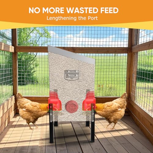 95 lb Chicken Feeder with 10 No-Waste Ports – Extra-Large Galvanized Metal Poultry Feeder with Adjustable Height Heavy-Duty Stand – Outdoor Feed Box for Chickens, Ducks & Geese - color: silver