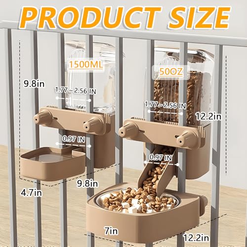 2-Pack Cage-Style Large Capacity Hanging Automatic Pet Feeder & Water Dispenser 50oz/1500ml,for Cages 0.98" Max Inner,1.77"-2.56" Outer,for Small/Medium Dogs, Cats, Rabbits & Guinea Pigs - color: Brown