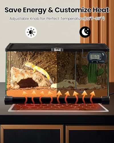MQ Reptile Terrarium Heat Pad with LCD Digital Aquarium Thermometer, 6 x 11in Power Adjustment Under Tank Heater Mat for Pets, Small Animals, Seedling, 7W - size: 7W, 6*11 in