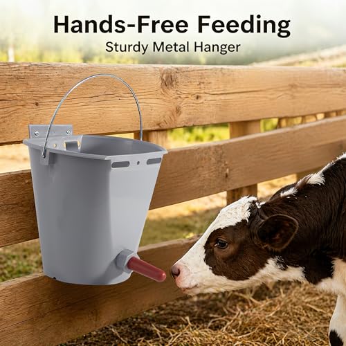 Calf Feeding Buckets, 3 Pack 8.45 Qt Single Teat Feeders | removable teat, with metal hanger, sturdy plastic, for milk feeding calves goats lambs and sheep