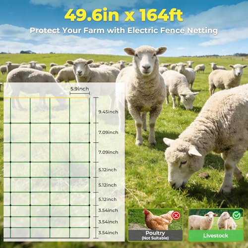 Electric Fence Netting, 164'L x 49.6" H, for Livestock, Goat, Cattle, Sheep | Portable Electric Fence, PE Net Fencing Kit for Backyards, Ranches, Farms, Patio, Goat Fencing with 14 Posts Double Spiked