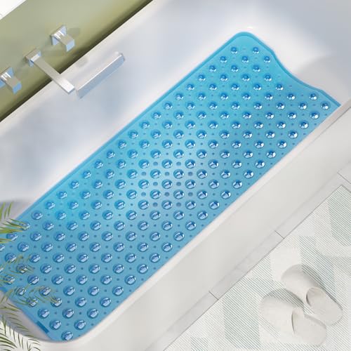 AmazerBath Shower Mat Non Slip 40 x 16 Inches, Bathtub Mat Shower Stall Mats with Suction Cups and Drain Holes, Non Slip Bath Mat for Tub for Elderly & Kids, Clear Blue - color: Clear Blue, size: 40" x 16" (Rectangular)