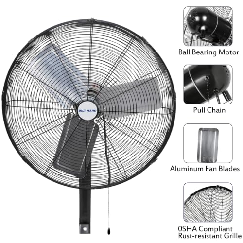 BILT HARD 24 in. 6500 CFM High Velocity Wall Fan, Industrial Wall Mount Oscillating Fan with 3 Speeds, Heavy Duty Shop Fan for Commercial, Garage, Warehouse, Workshops and Jobsites