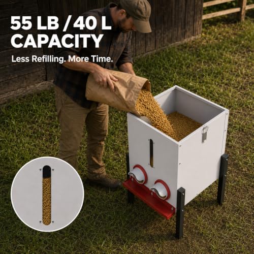 PETNF 55LB Automatic Chicken Feeder, 40L Metal No Waste Poultry Feeder with Rat-Proof Design, 4 Feeding Ports, Weatherproof Locking Lid, Height-Adjustable Legs for Chickens, Ducks and Geese